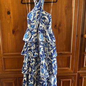 entro White and Blue Floral Halter Dress